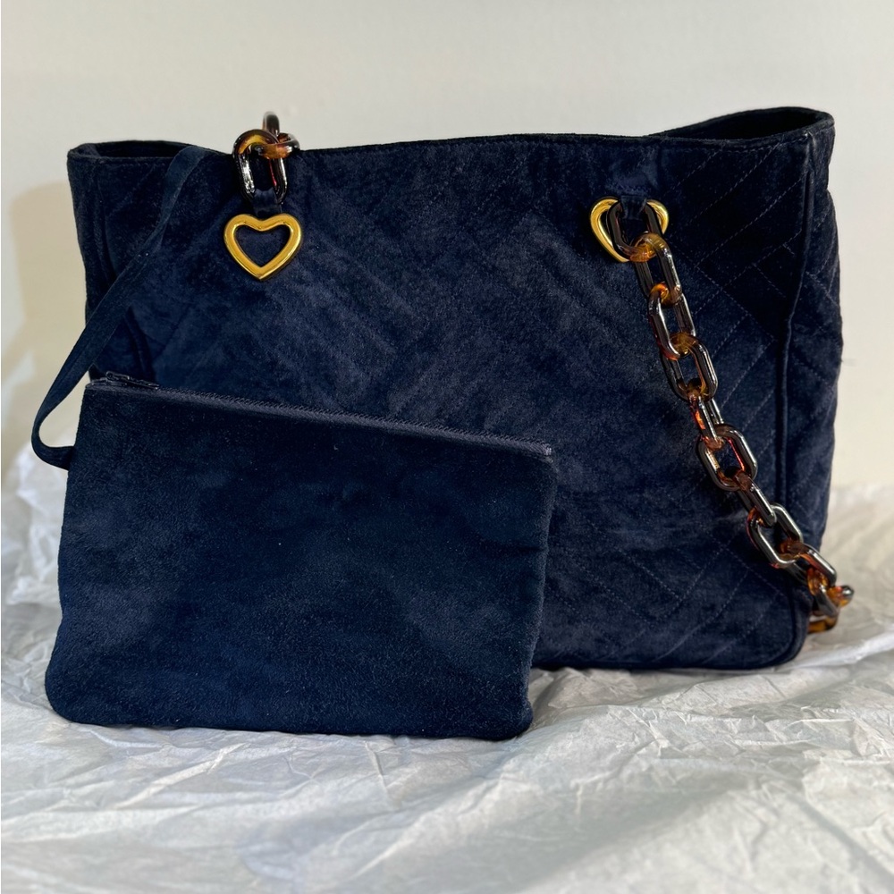 SEPCOEUR Paris Navy Blue Suede Moc-Tortoise Strap Shoulder Bag